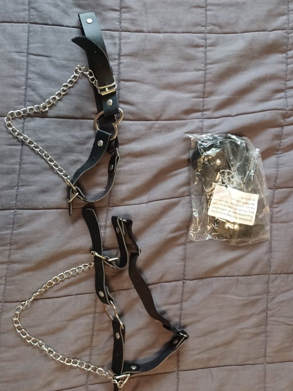 Adjustable Black Faux Leather Thigh Garters with Chains (New + Sealed)